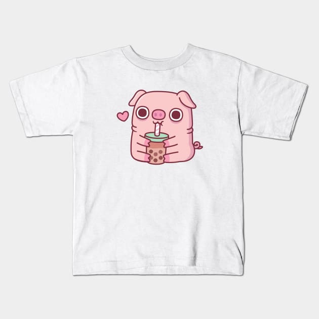 Cute Chubby Piggy Loves Drinking Bubble Tea Kids T-Shirt by rustydoodle